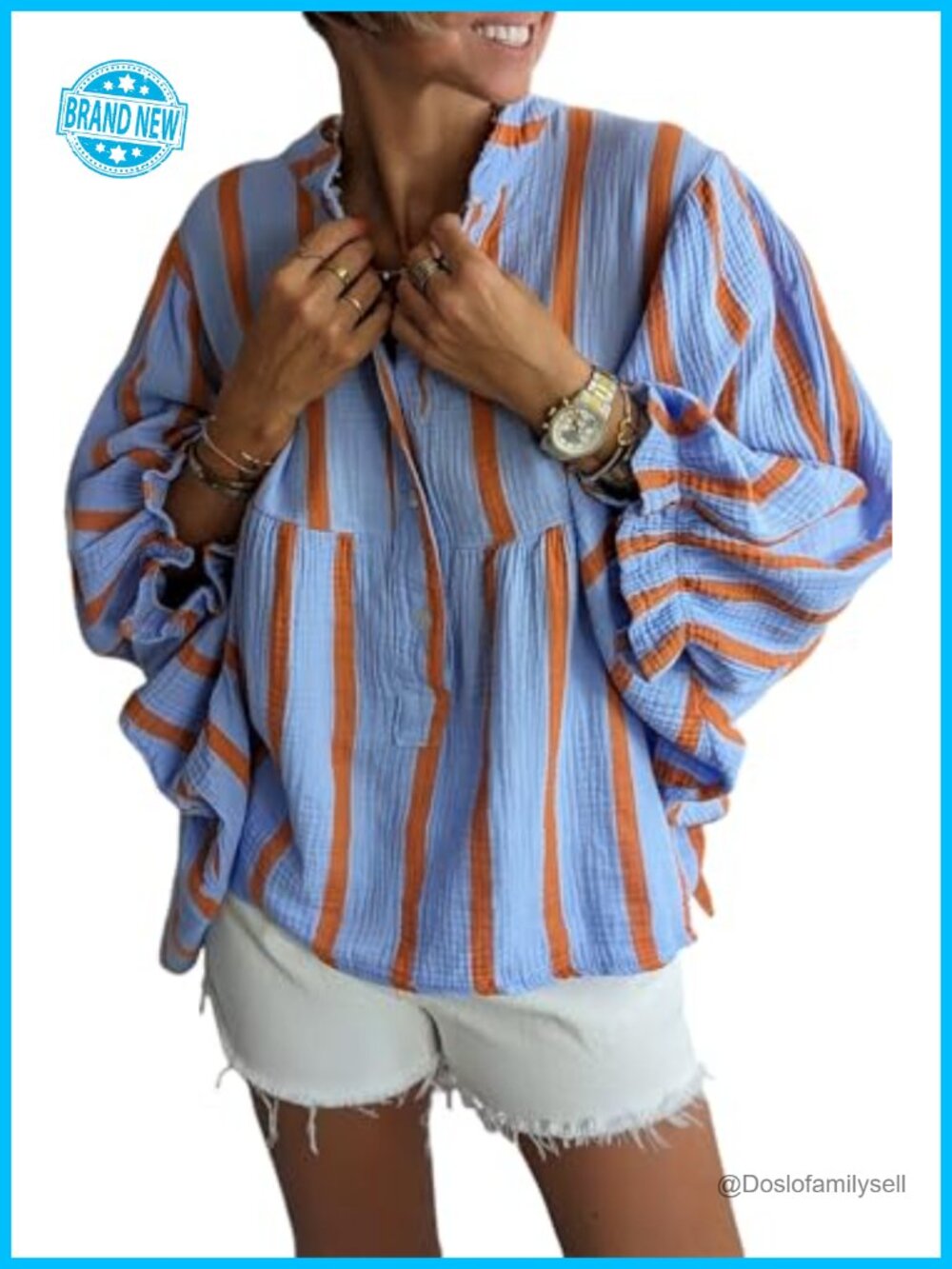 Womens Puff Sleeve Babydoll Top Striped Button Down Cotton Blouse